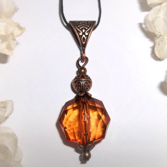 Boho Necklace, Necklace, Pendant, Orange and Copper Necklace, Cord Necklace 8057 - Picture 1 of 9